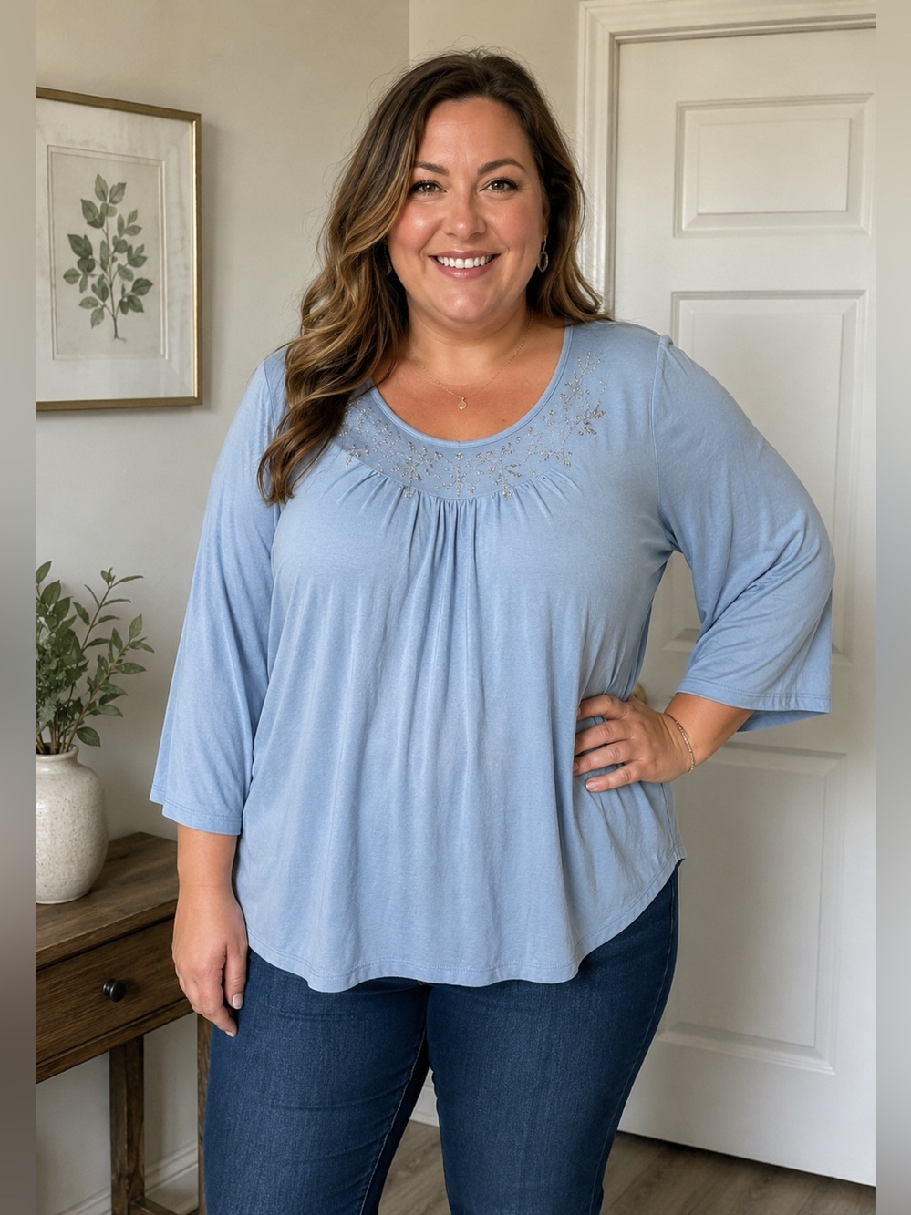 Roaman’s Plus Size 3X Light Blue Embellished Scoop Neck Top